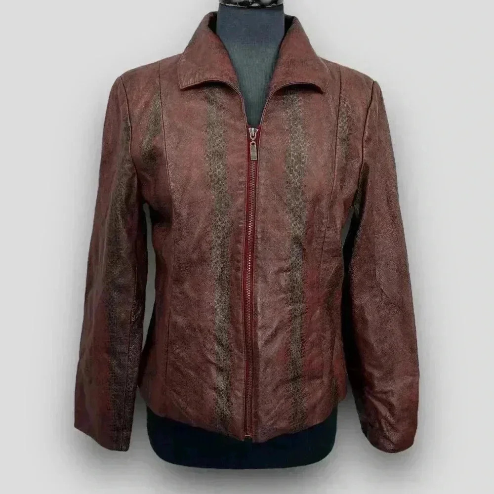 Guillaume M Brown Genuine Leather Textured Zip Front Fitted Moto‎ Jacket Pockets